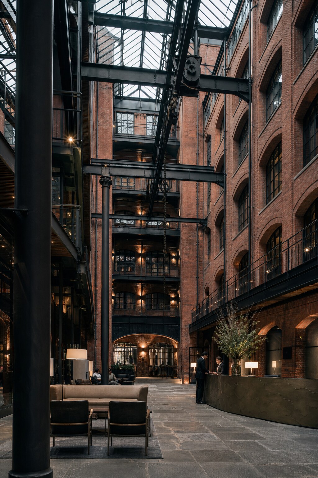 The tall brick and iron atrium of the converted cotton mill hotel
